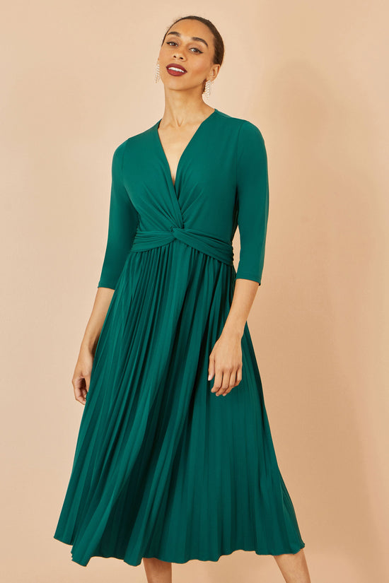 Yumi Green Jersey Knot Waist Pleated Midi Dress - QHA UK