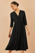 Womens Yumi Black Midi Dress Pleated Knot Waist 3/4 Sleeve Stretch Elegant