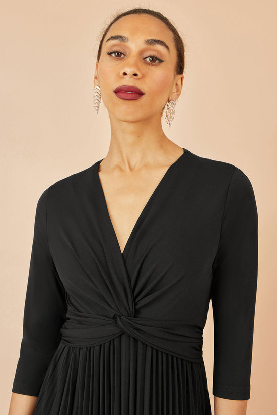 Womens Yumi Black Midi Dress Pleated Knot Waist 3/4 Sleeve Stretch Elegant