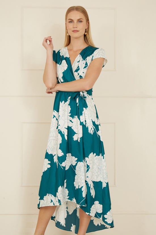 Yumi Green Blossom Print Wrap Midi With Dipped Hem - QHA UK