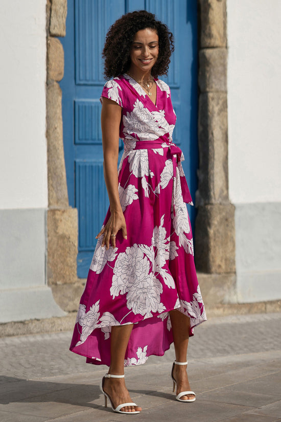 Pink Blossom Print Wrap Dress With Dipped Hem - QHA UK