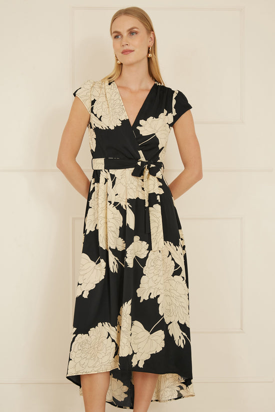Yumi Black Blossom Print Wrap Midi With Dipped Hem - QHA UK