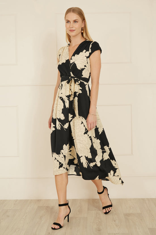 Yumi Black Blossom Print Wrap Midi With Dipped Hem - QHA UK