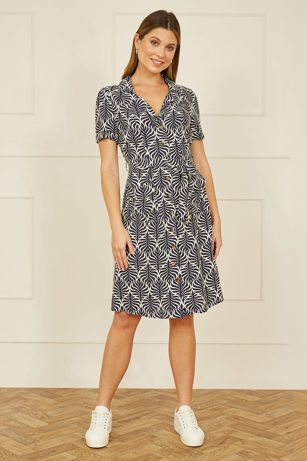 Yumi Navy Leaf Print Retro Shirt Dress - QHA UK