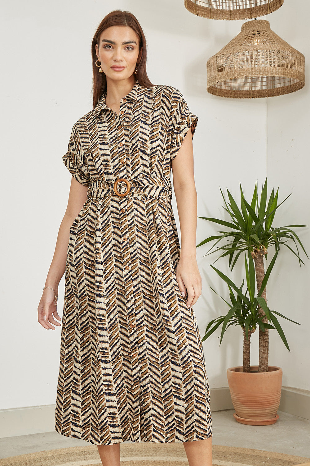 Yumi Brown Abstract Animal Print Relaxed Midi Shirt Dress With Belt - QHA UK