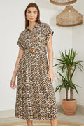 Yumi Brown Abstract Animal Print Relaxed Midi Shirt Dress With Belt - QHA UK