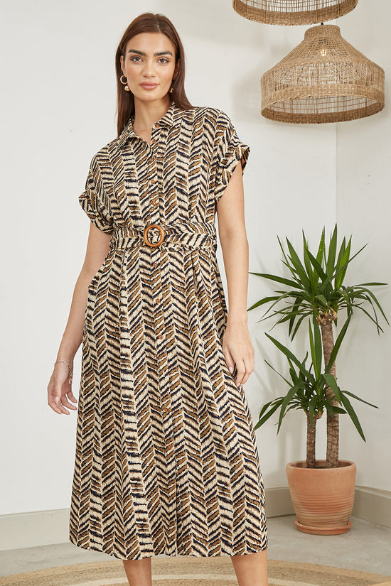 Yumi Brown Abstract Animal Print Relaxed Midi Shirt Dress With Belt - QHA UK