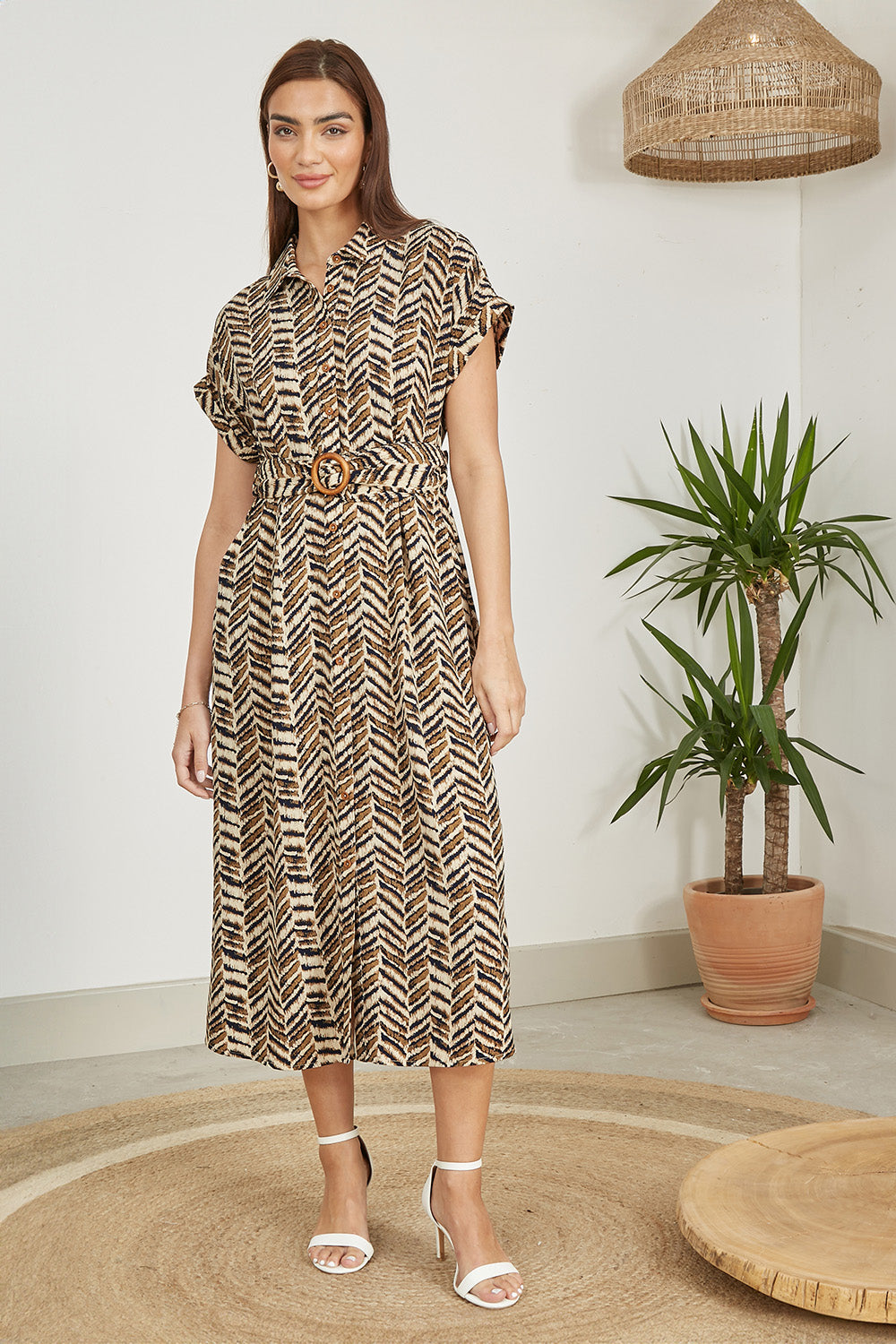 Yumi Brown Abstract Animal Print Relaxed Midi Shirt Dress With Belt - QHA UK