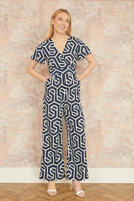 Yumi Navy Oversize Geo Print Jumpsuit - QHA UK