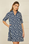 Yumi Navy Geo Print Tunic With Pockets - QHA UK