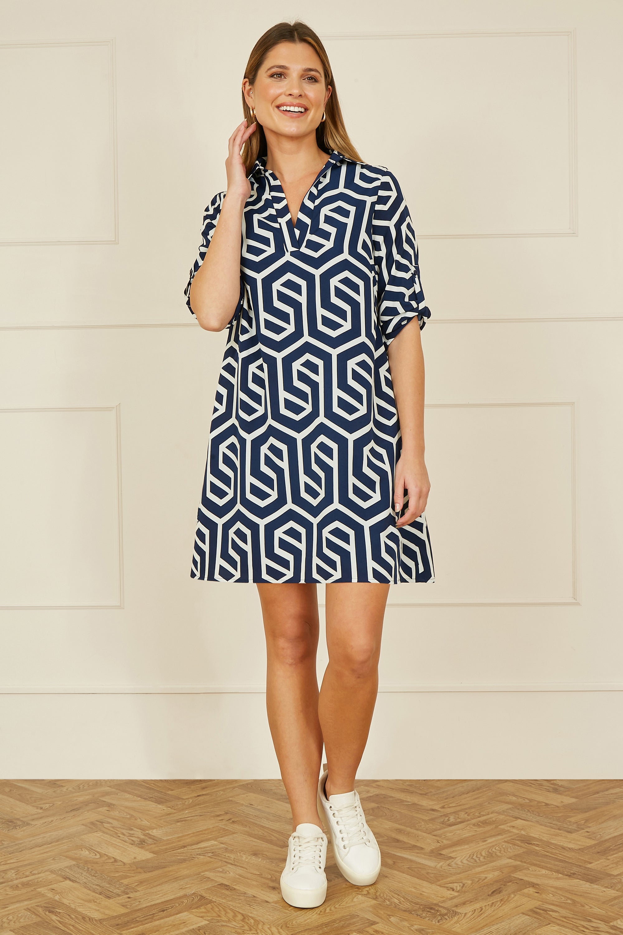 Yumi Navy Geo Print Tunic With Pockets - QHA UK