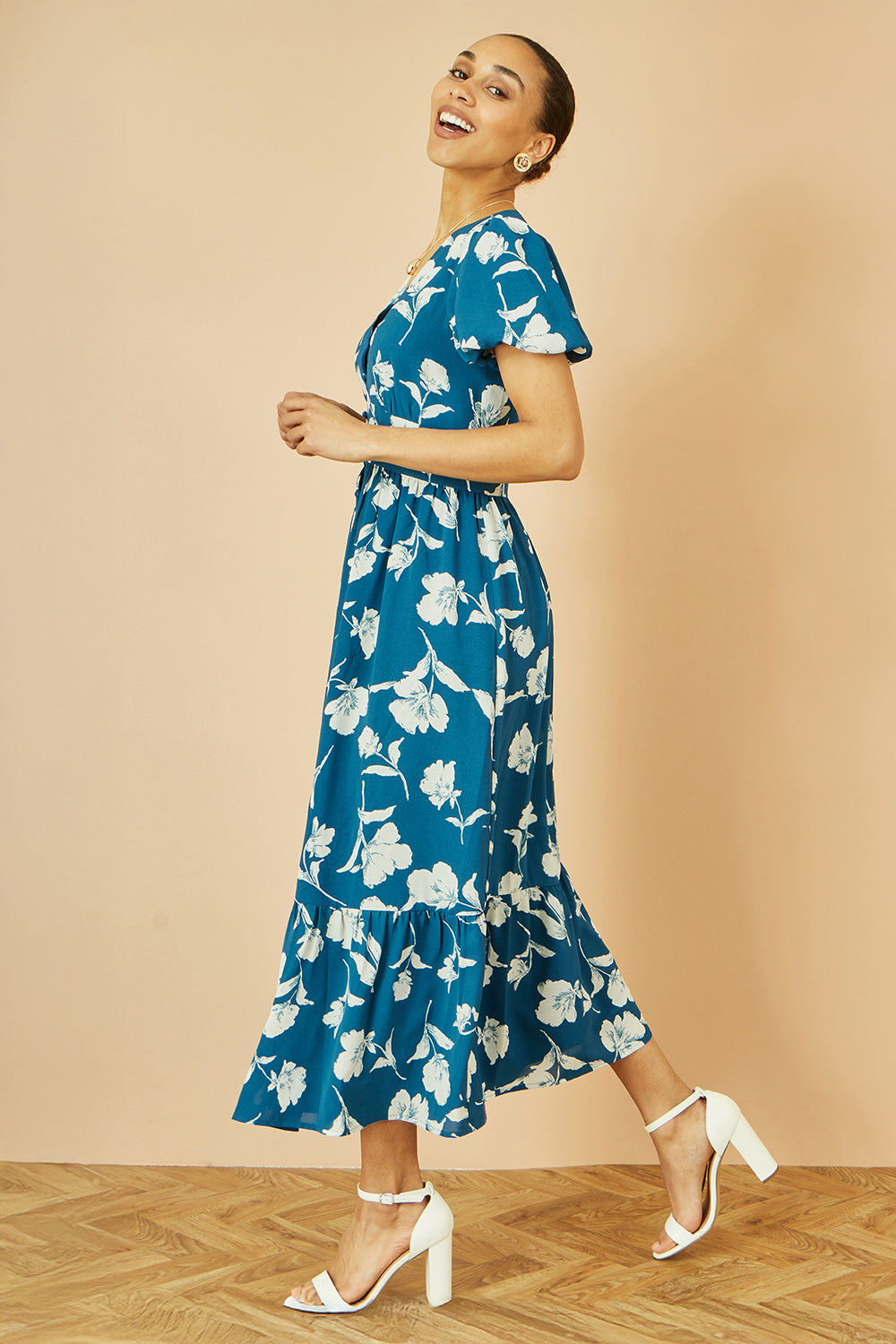 Yumi Teal Floral Button Down Floral Midi Dress - QHA UK