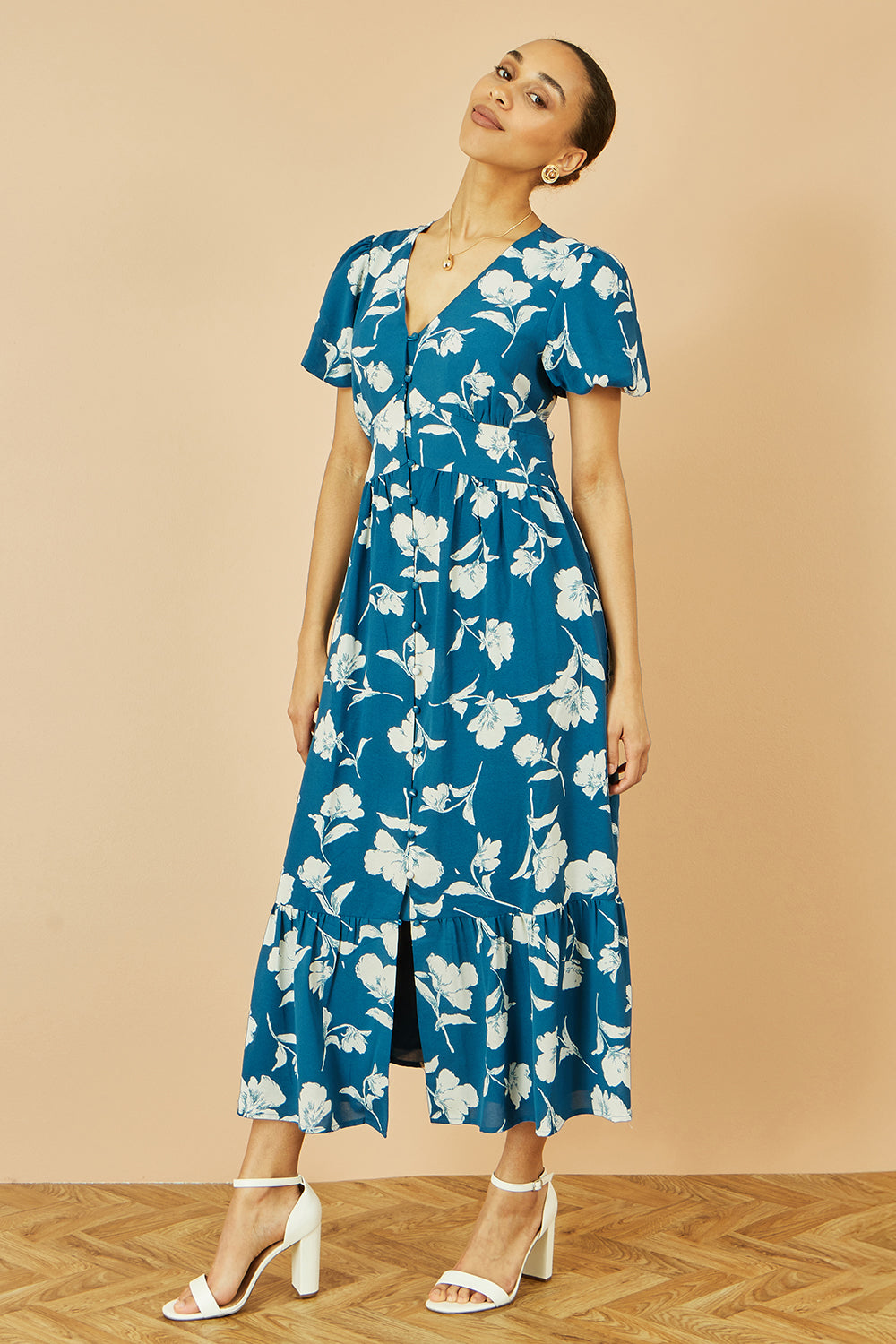 Yumi Teal Floral Button Down Floral Midi Dress - QHA UK