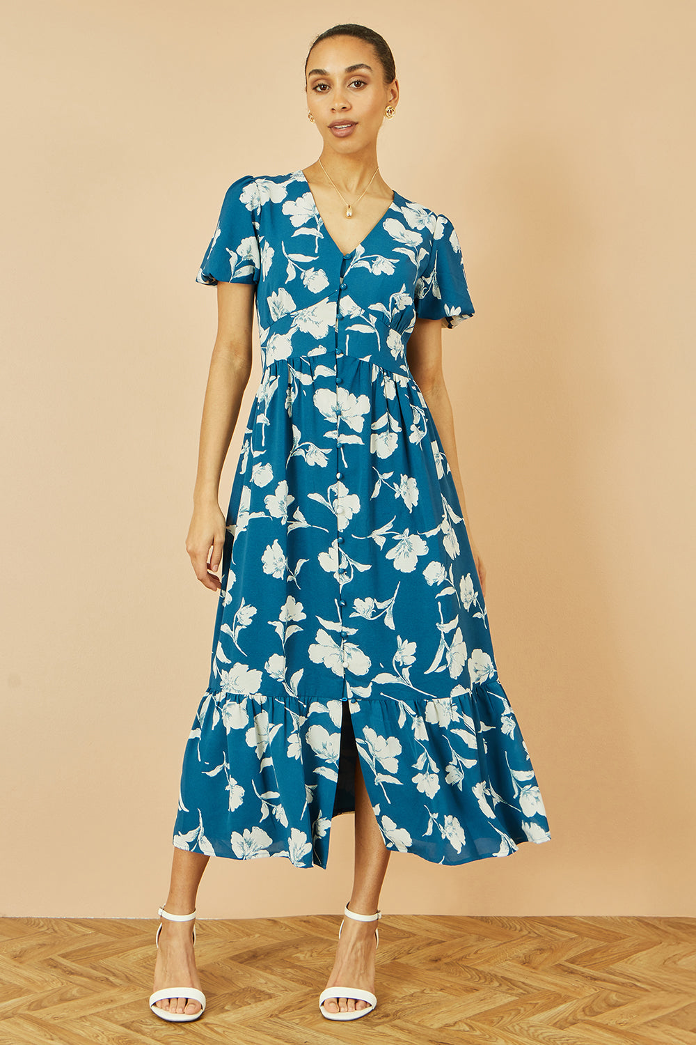 Yumi Teal Floral Button Down Floral Midi Dress - QHA UK