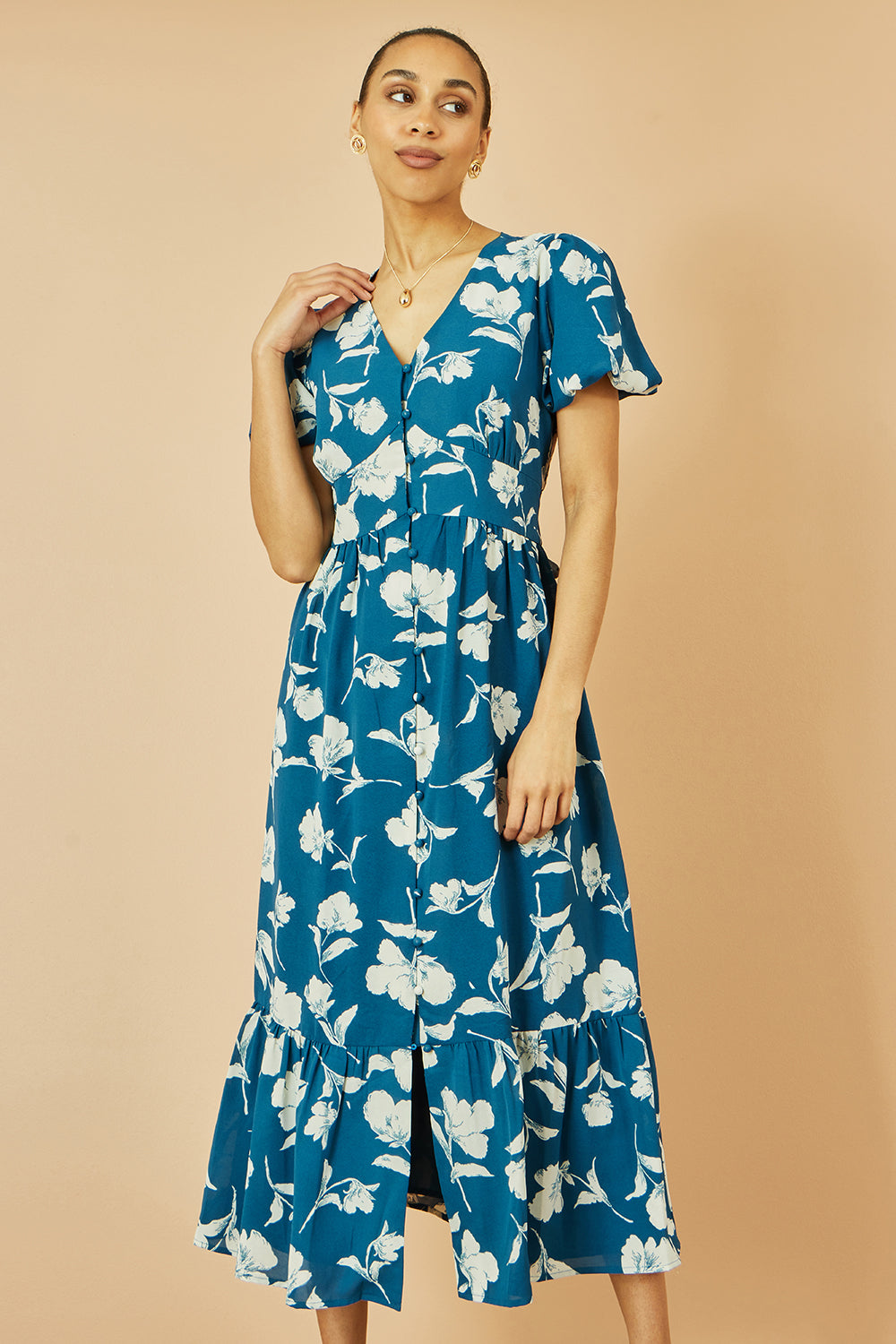 Yumi Teal Floral Button Down Floral Midi Dress - QHA UK