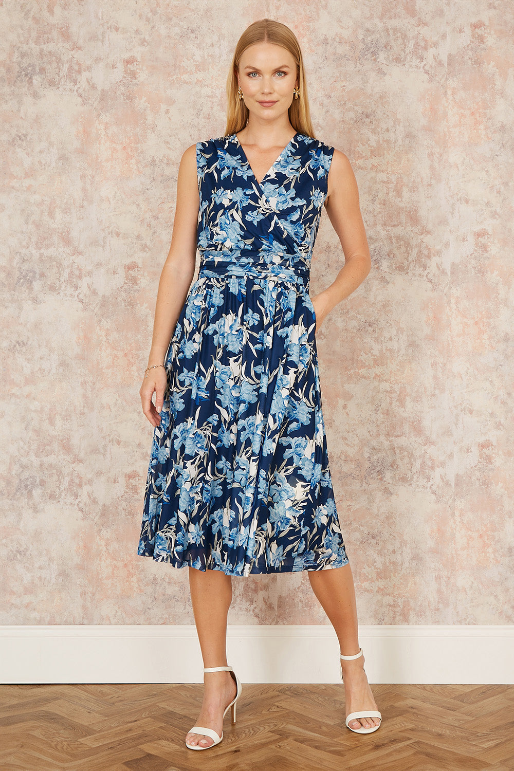 Yumi Blue Floral Mesh Wrap Skater Dress With Pockets - QHA UK