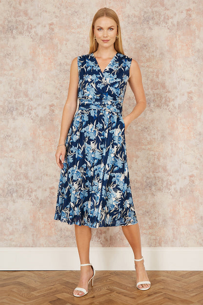 Yumi Blue Floral Mesh Wrap Skater Dress With Pockets - QHA UK