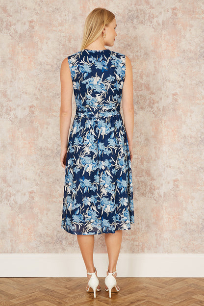 Yumi Blue Floral Mesh Wrap Skater Dress With Pockets - QHA UK