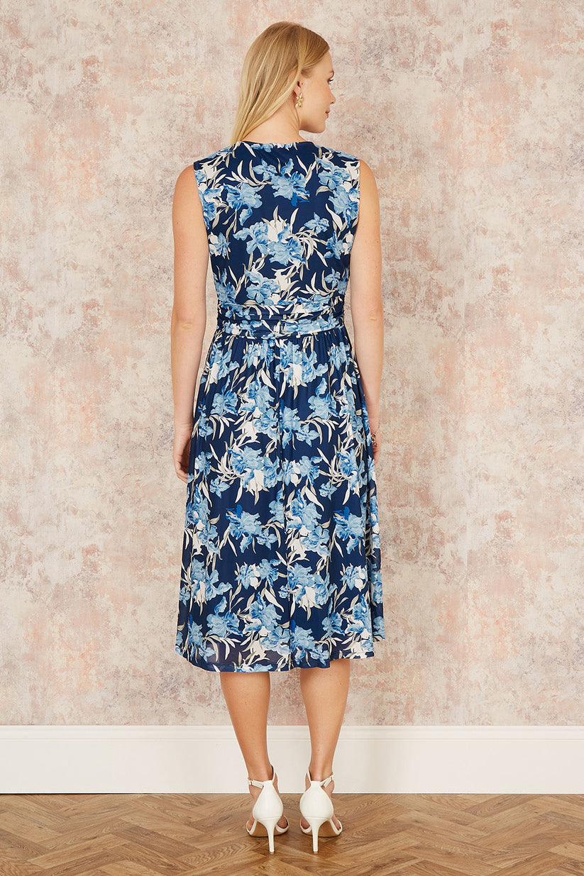 Yumi Blue Floral Mesh Wrap Skater Dress With Pockets - QHA UK