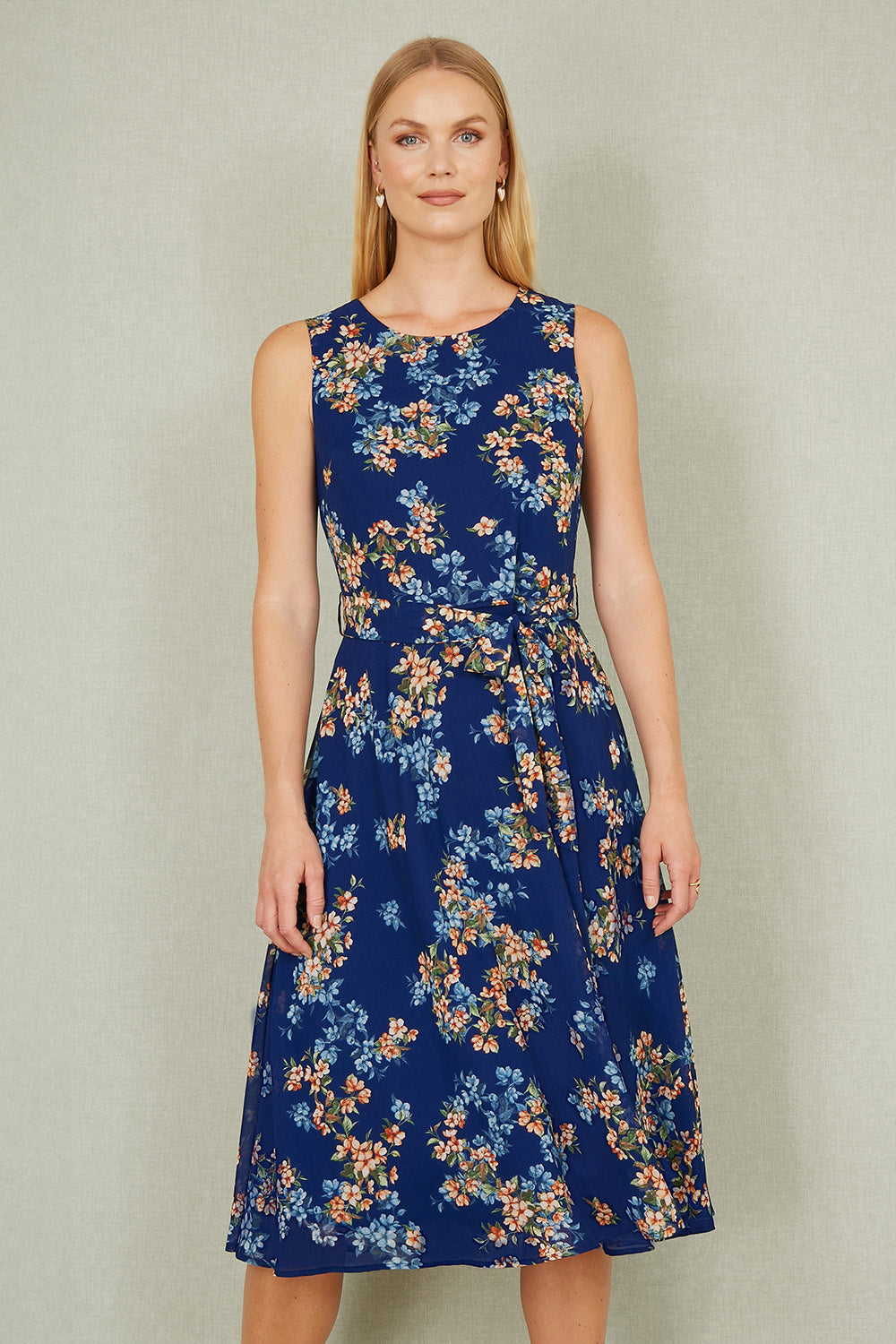 Yumi Navy Floral Skater Sleeveless Dress - QHA UK