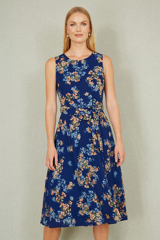 Yumi Navy Floral Skater Sleeveless Dress - QHA UK