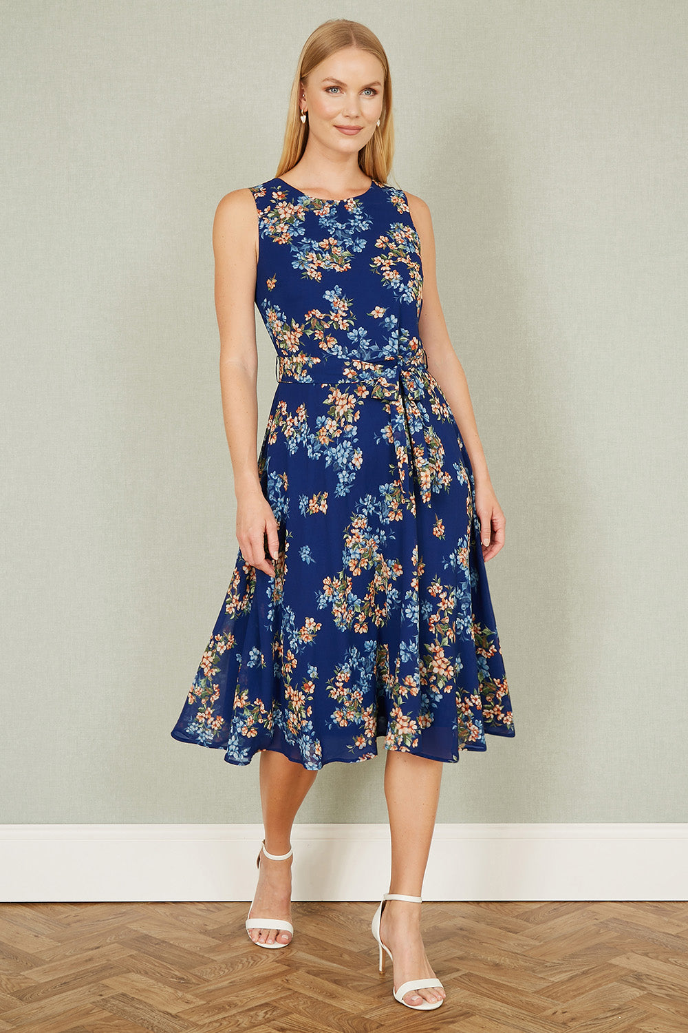 Yumi Navy Floral Skater Sleeveless Dress - QHA UK