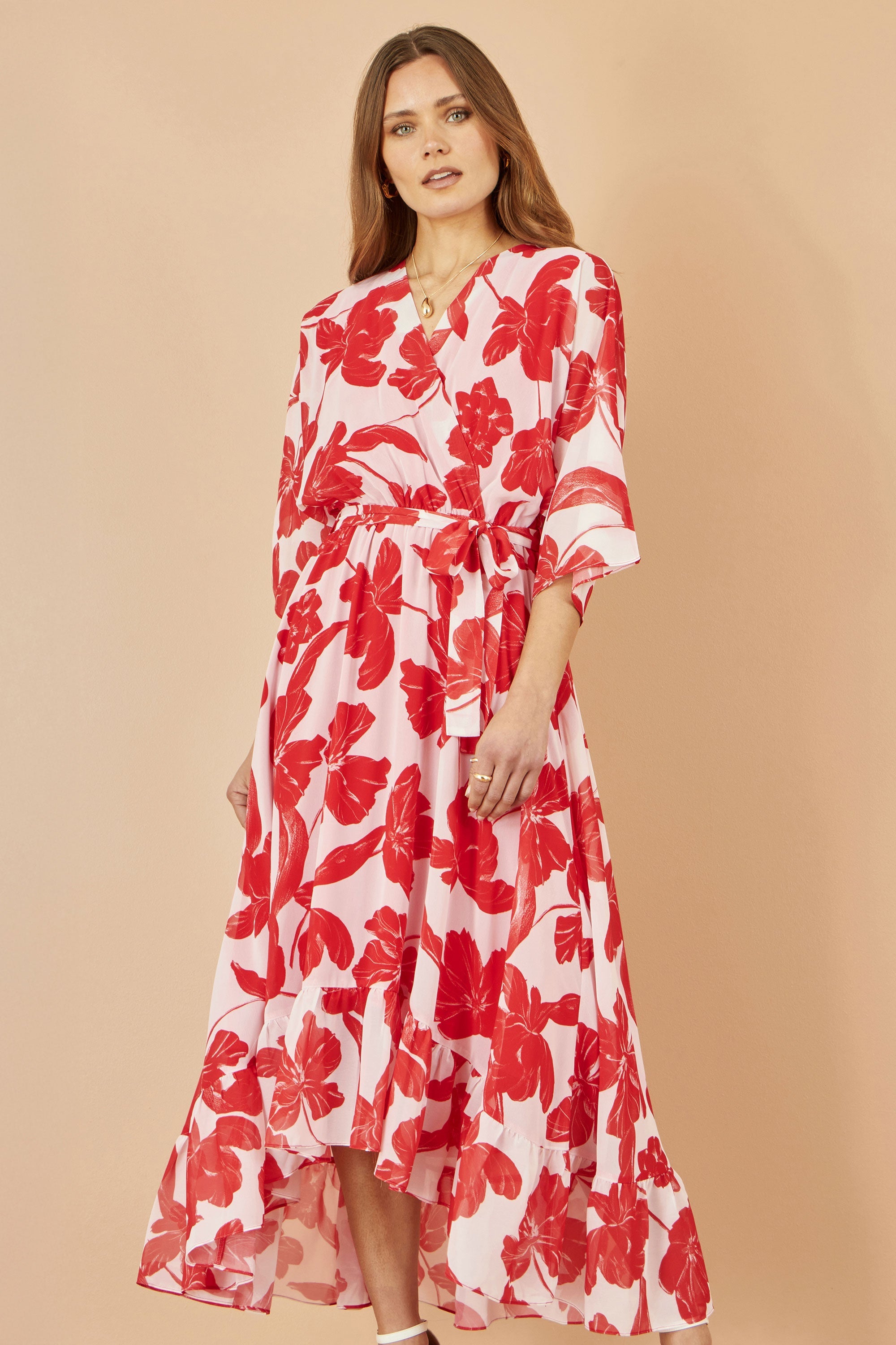 Yumi Red Kimono Sleeves Dip Hem Wrap Midi Dress - QHA UK