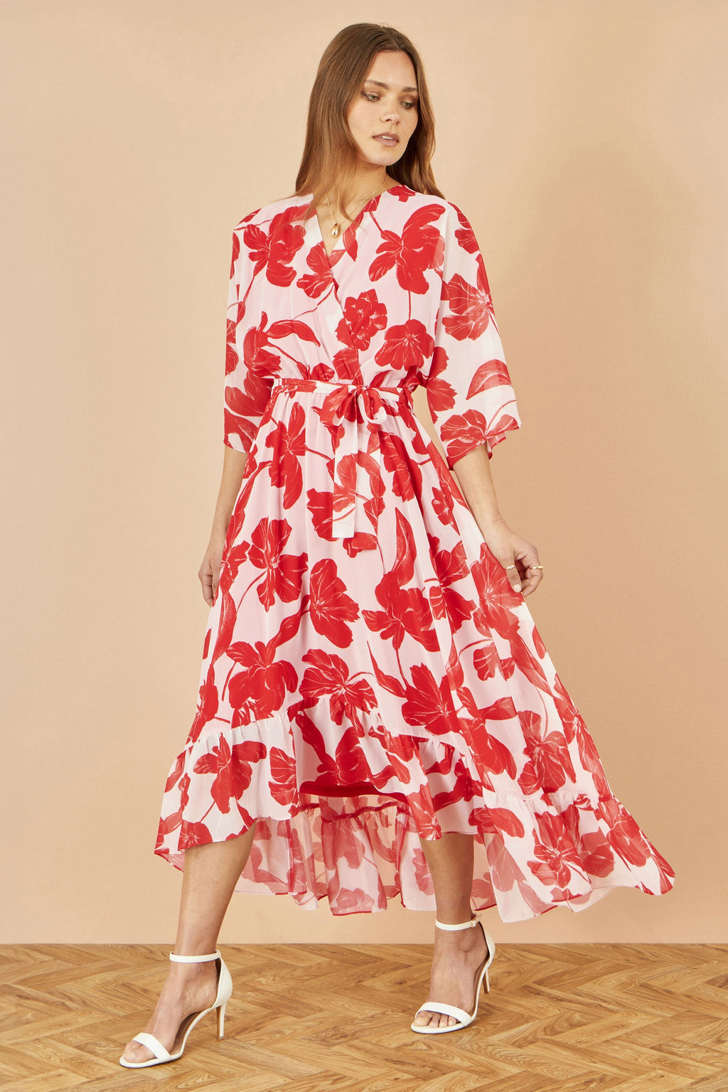 Yumi Red Kimono Sleeves Dip Hem Wrap Midi Dress - QHA UK