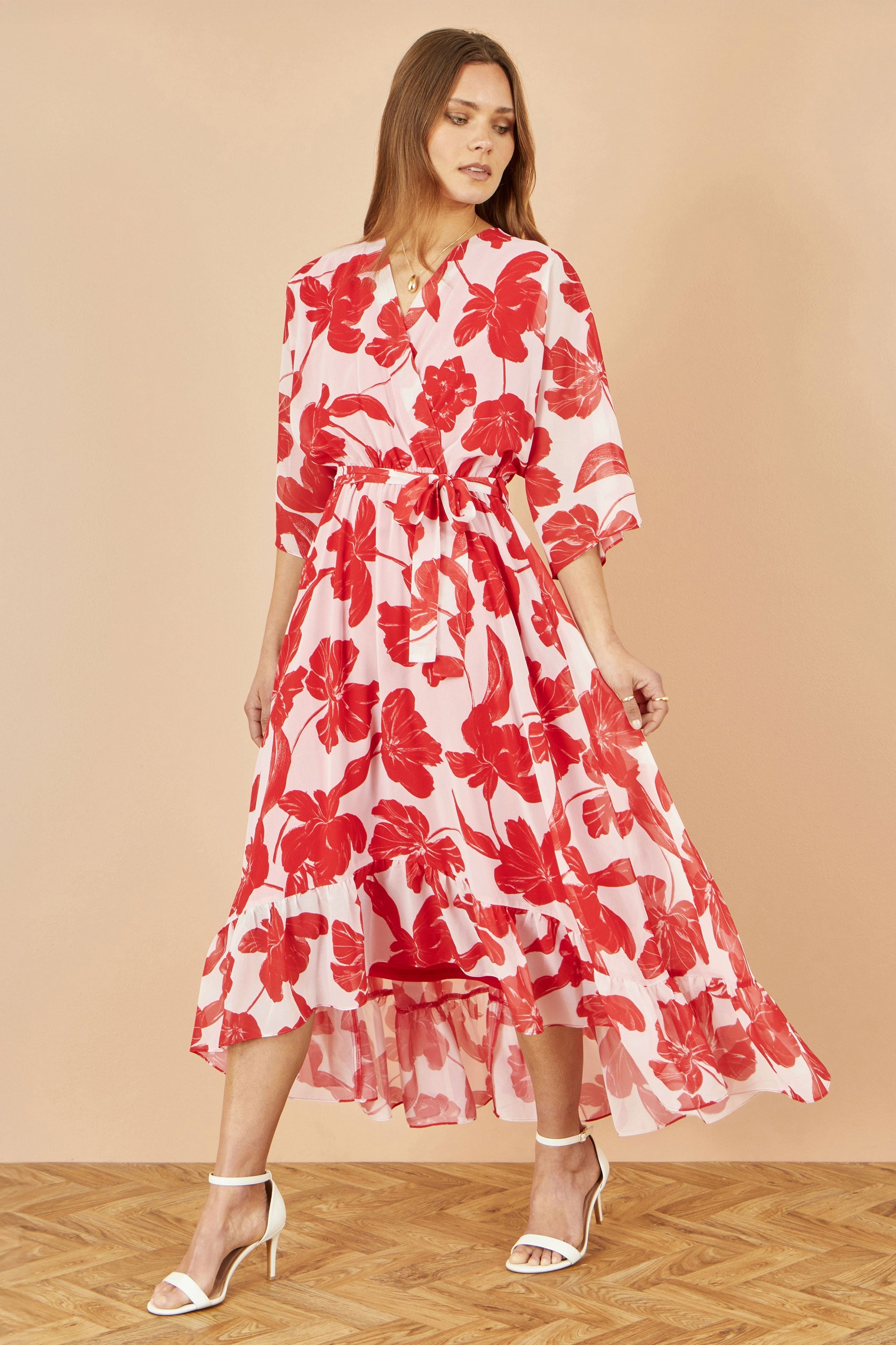 Yumi Red Kimono Sleeves Dip Hem Wrap Midi Dress - QHA UK