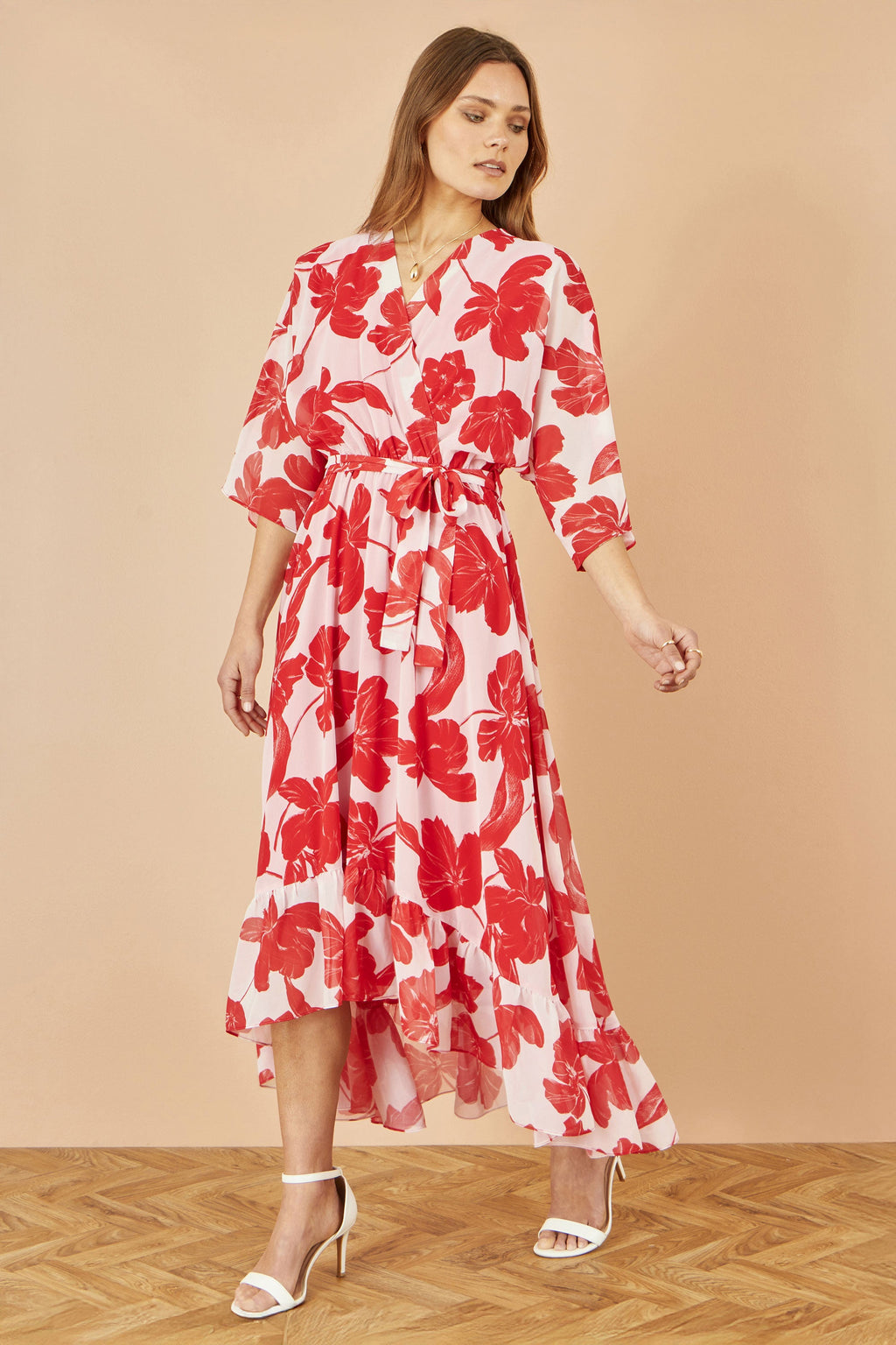 Yumi Red Kimono Sleeves Dip Hem Wrap Midi Dress - QHA UK