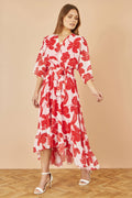 Yumi Red Kimono Sleeves Dip Hem Wrap Midi Dress - QHA UK