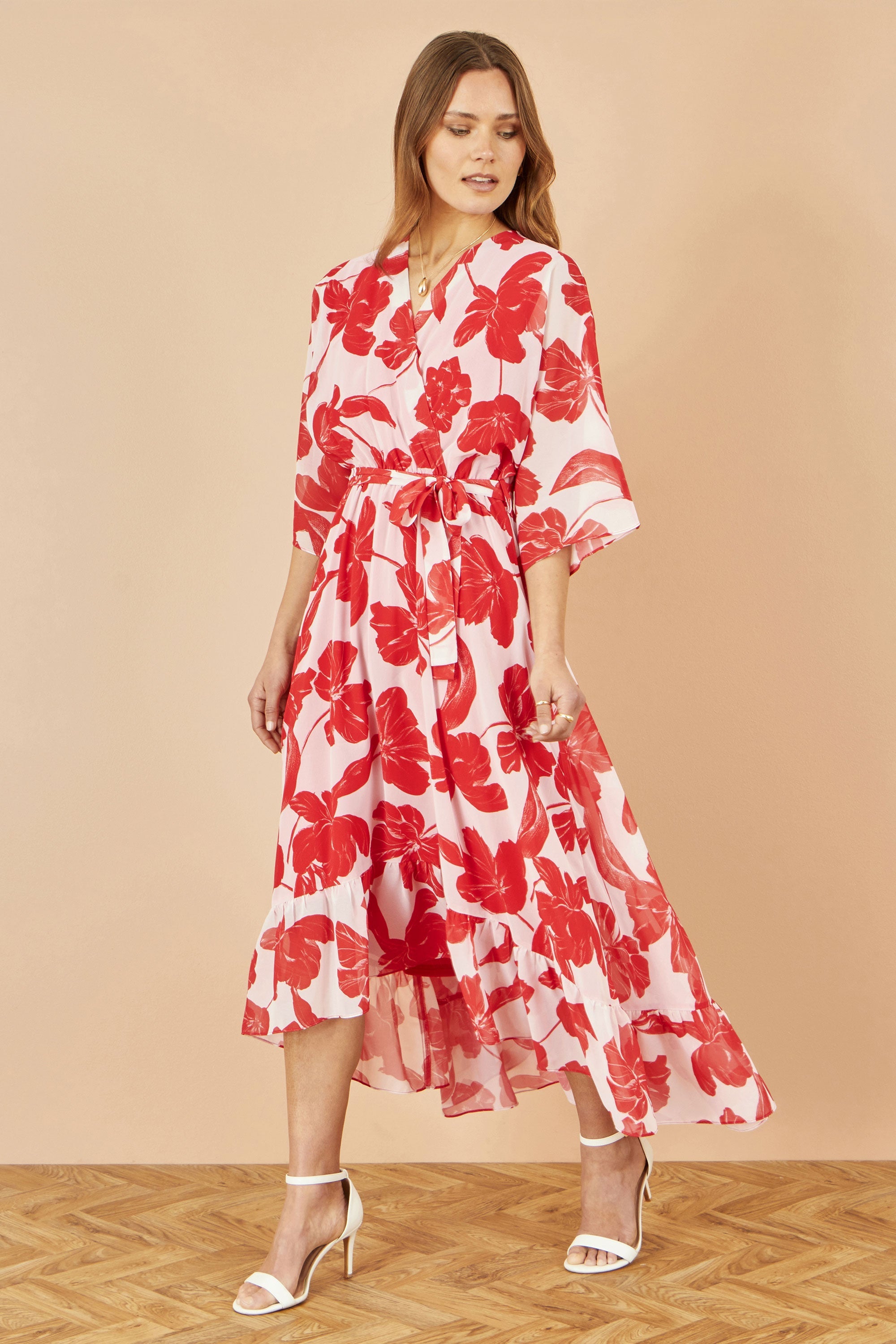 Yumi Red Kimono Sleeves Dip Hem Wrap Midi Dress - QHA UK