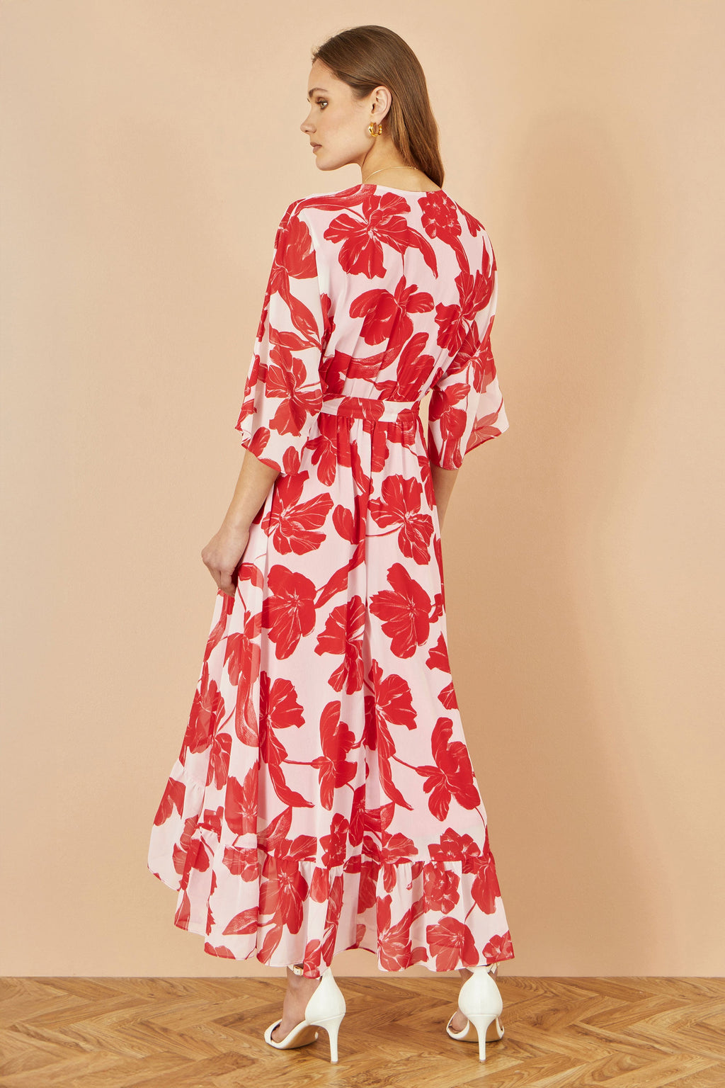 Yumi Red Kimono Sleeves Dip Hem Wrap Midi Dress - QHA UK