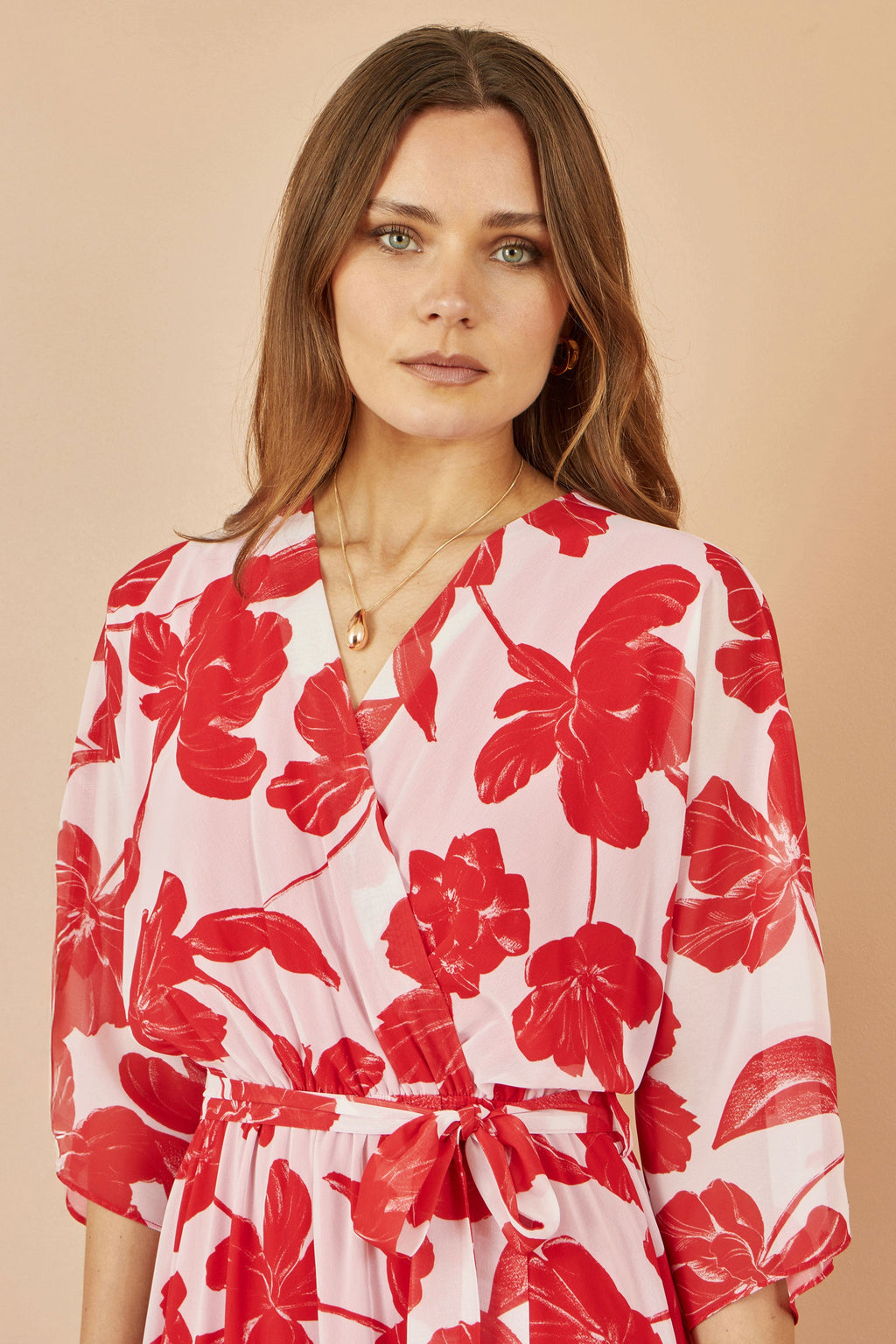 Yumi Red Kimono Sleeves Dip Hem Wrap Midi Dress - QHA UK