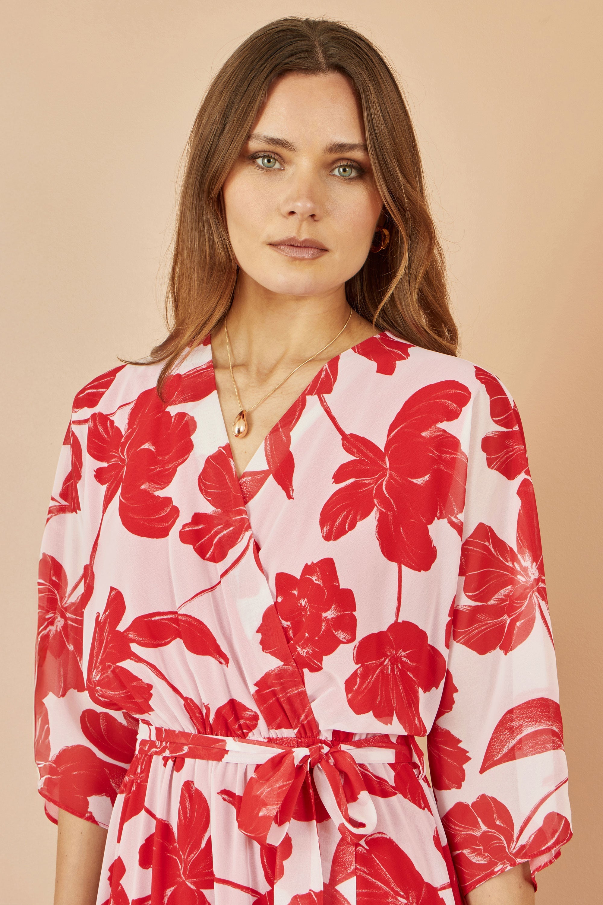 Yumi Red Kimono Sleeves Dip Hem Wrap Midi Dress - QHA UK