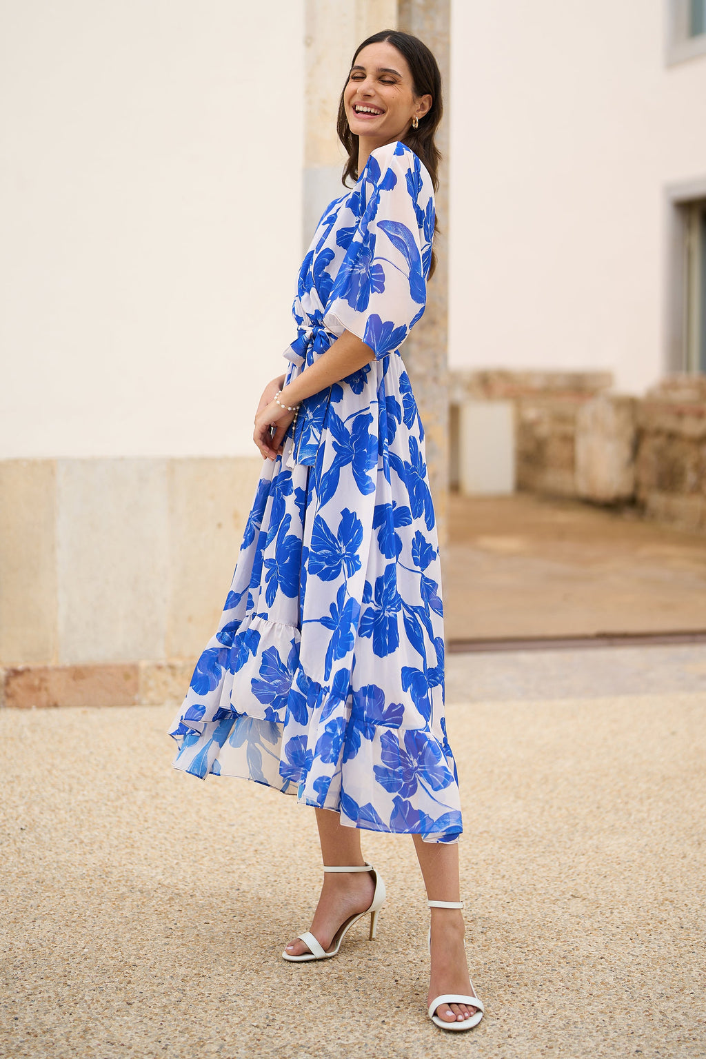 Yumi Navy Kimono Sleeves Midi Dip Hem Wrap Midi Dress - QHA UK