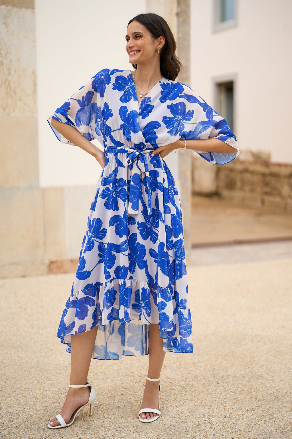 Yumi Navy Kimono Sleeves Midi Dip Hem Wrap Midi Dress - QHA UK