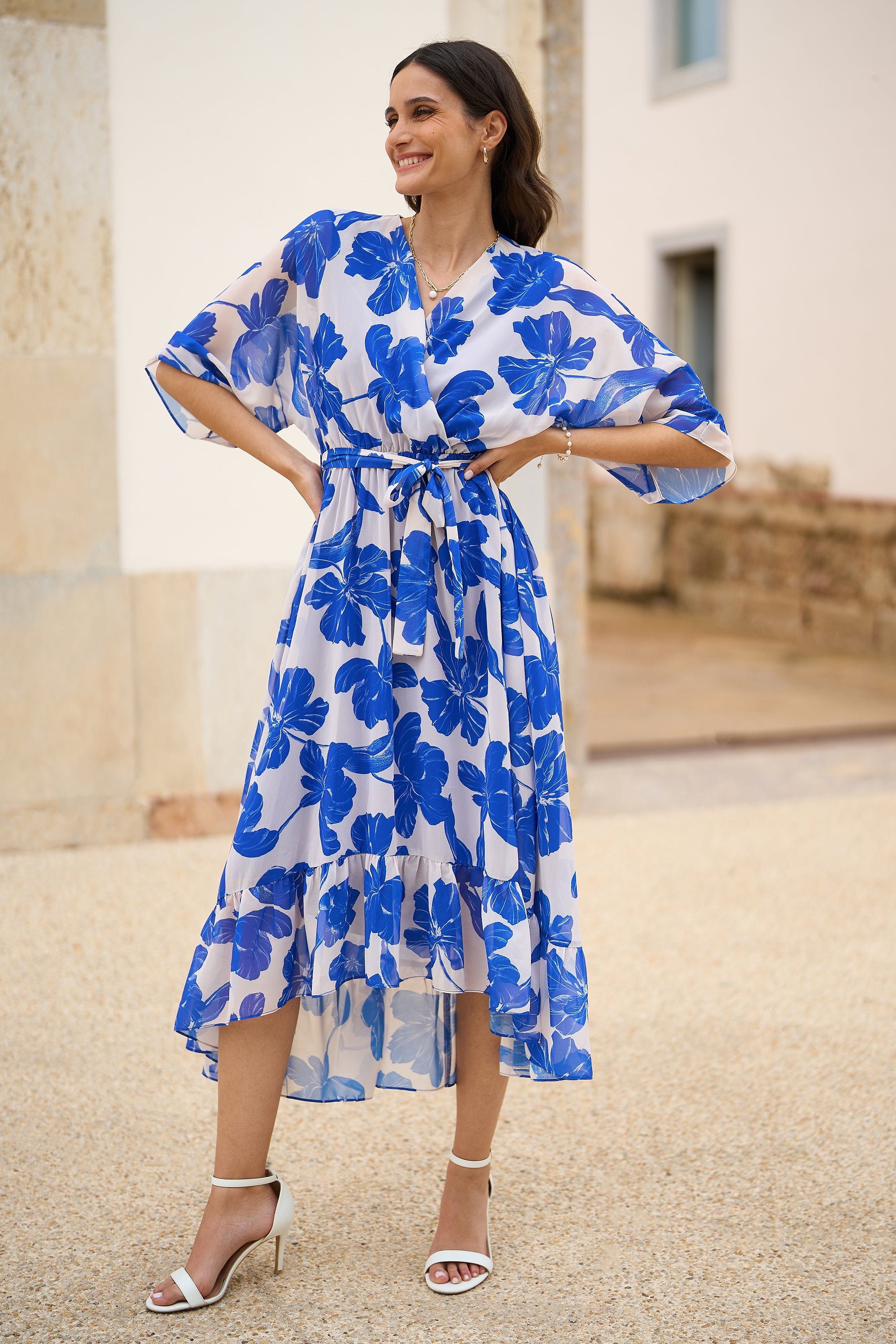 Yumi Navy Kimono Sleeves Midi Dip Hem Wrap Midi Dress - QHA UK