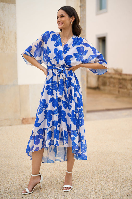 Yumi Navy Kimono Sleeves Midi Dip Hem Wrap Midi Dress - QHA UK