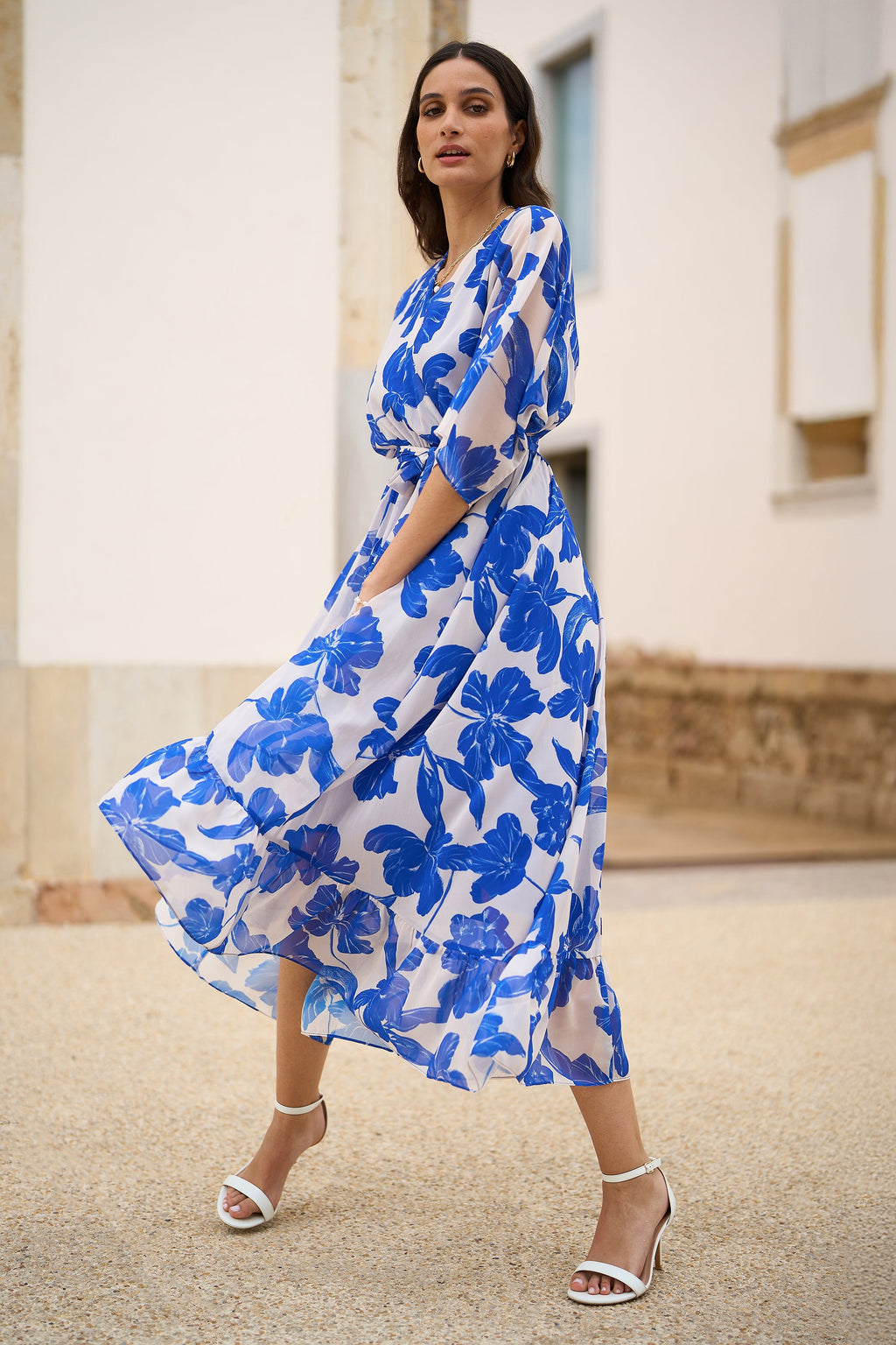 Yumi Navy Kimono Sleeves Midi Dip Hem Wrap Midi Dress - QHA UK