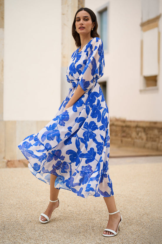 Yumi Navy Kimono Sleeves Midi Dip Hem Wrap Midi Dress - QHA UK