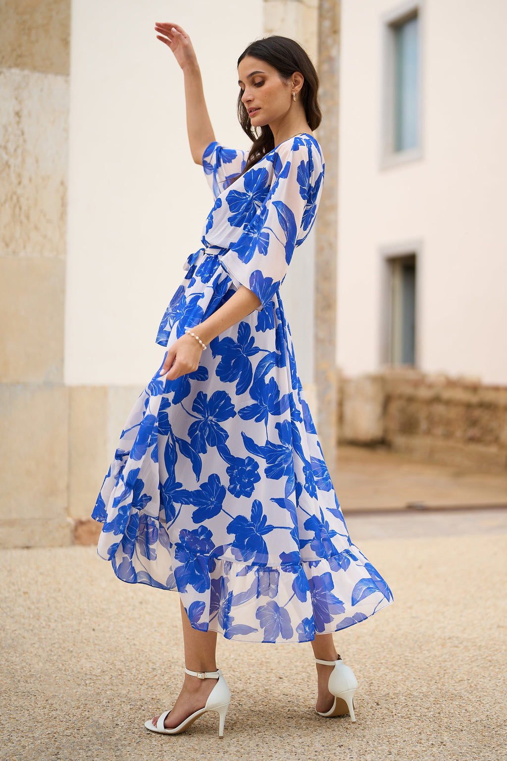 Yumi Navy Kimono Sleeves Midi Dip Hem Wrap Midi Dress - QHA UK