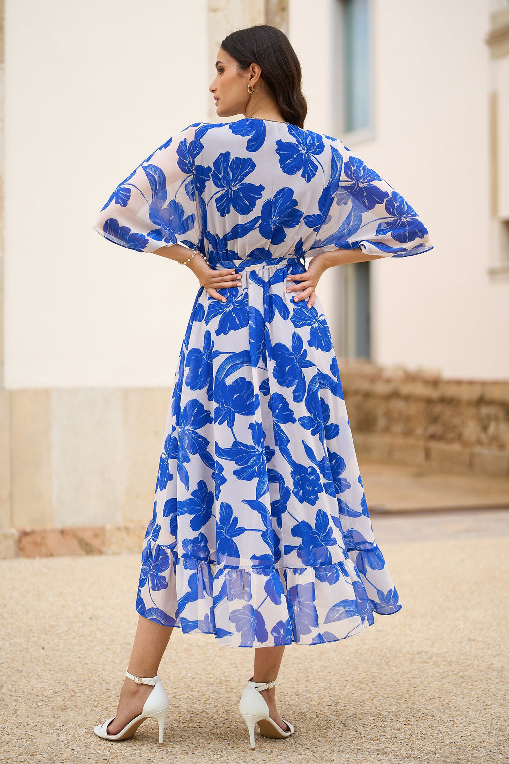 Yumi Navy Kimono Sleeves Midi Dip Hem Wrap Midi Dress - QHA UK