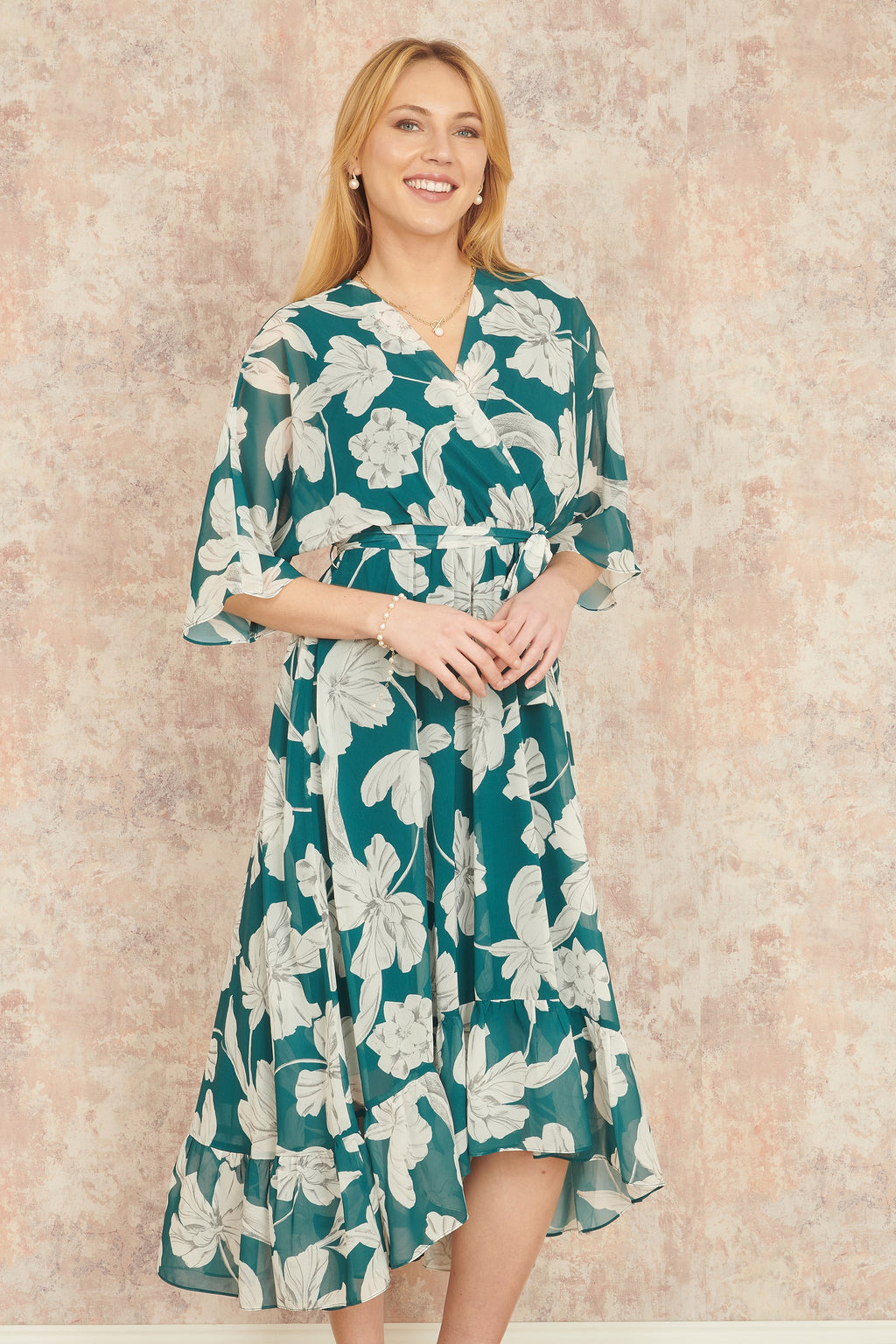 Yumi Green Kimono Sleeves Midi Dip Hem Wrap Midi Dress - QHA UK