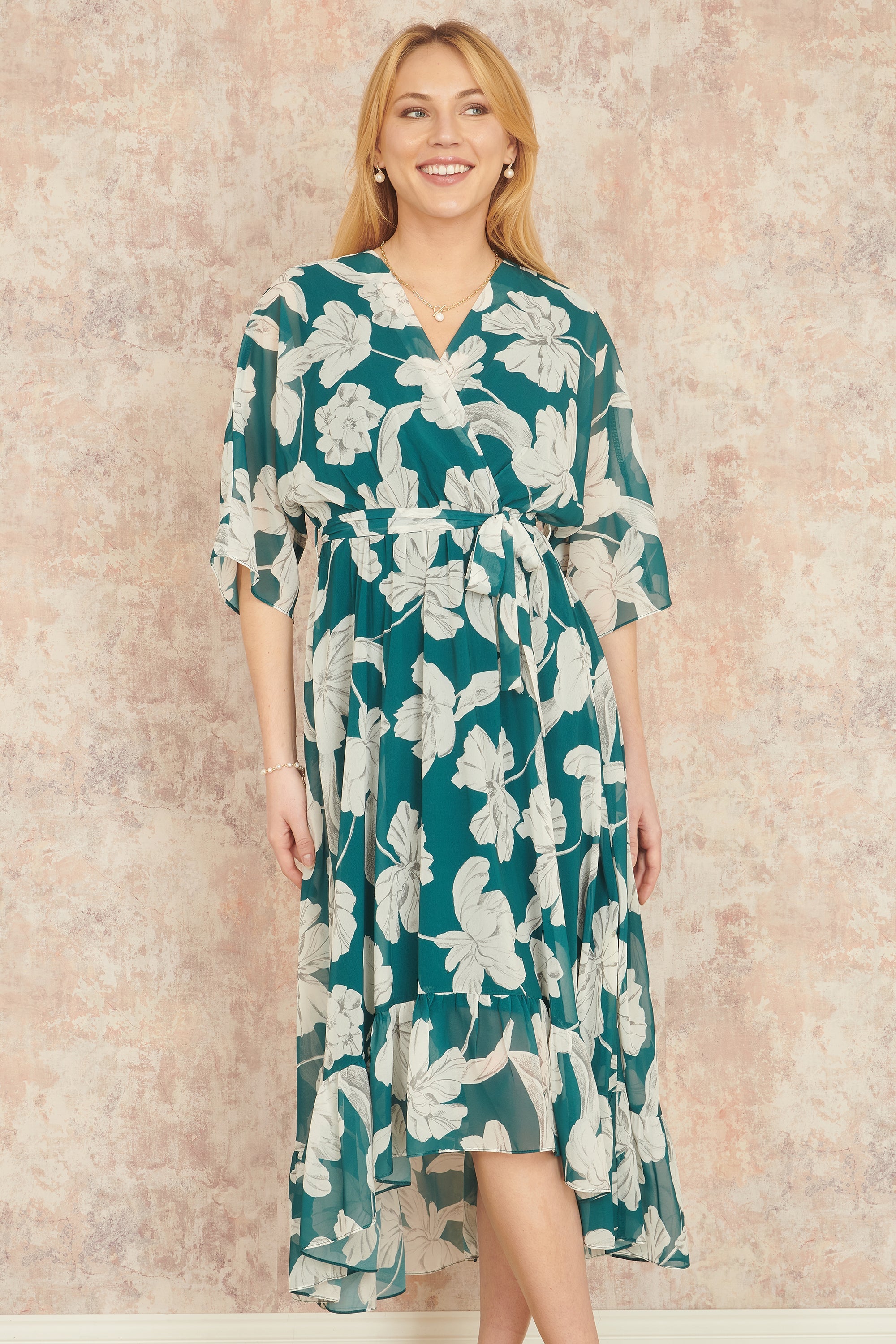 Yumi Green Kimono Sleeves Midi Dip Hem Wrap Midi Dress - QHA UK