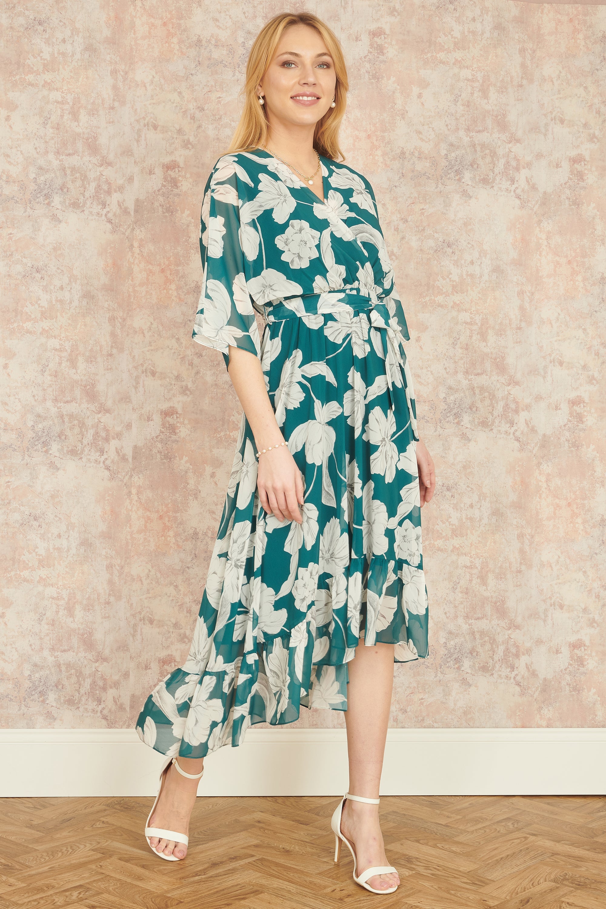 Yumi Green Kimono Sleeves Midi Dip Hem Wrap Midi Dress - QHA UK