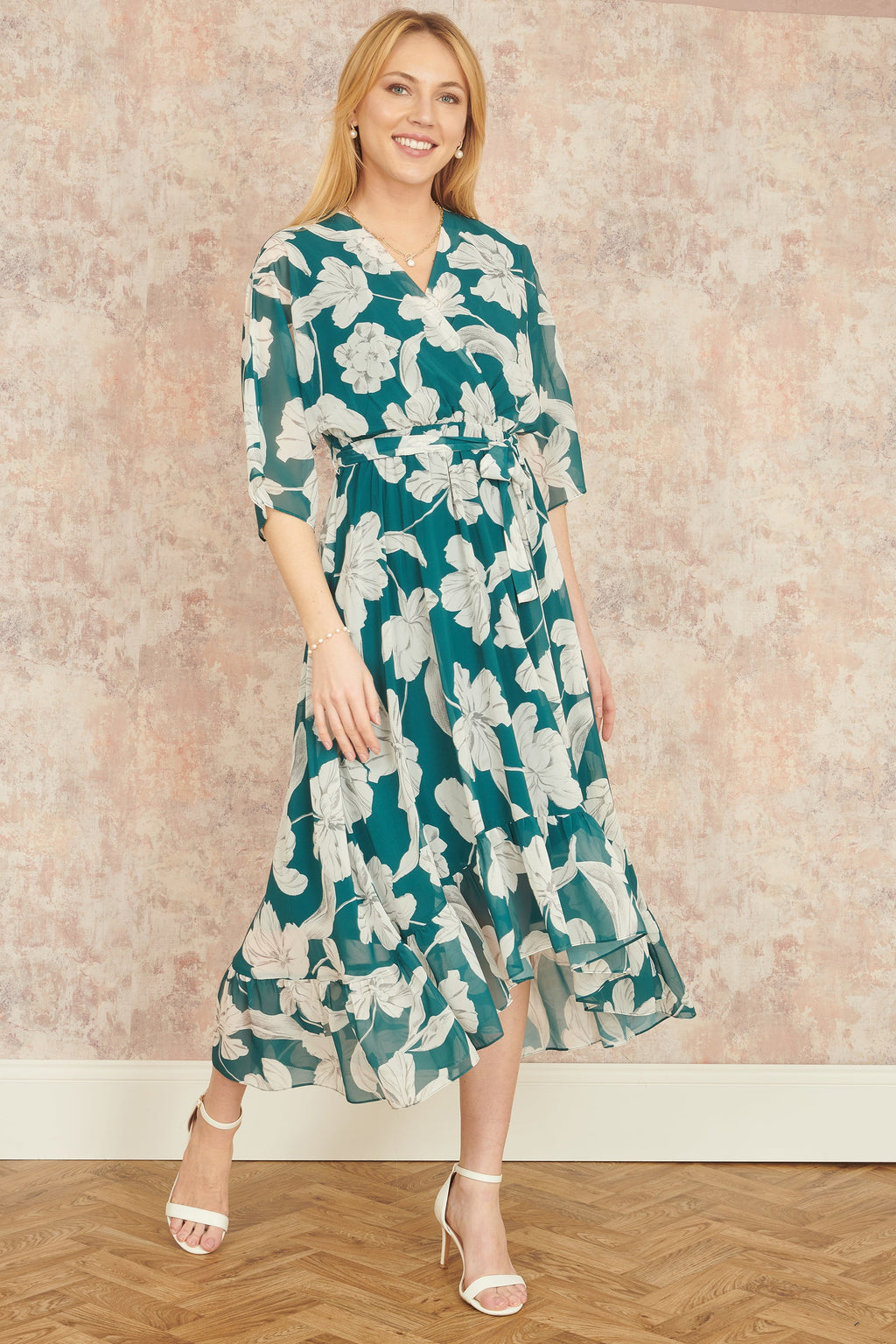 Yumi Green Kimono Sleeves Midi Dip Hem Wrap Midi Dress - QHA UK