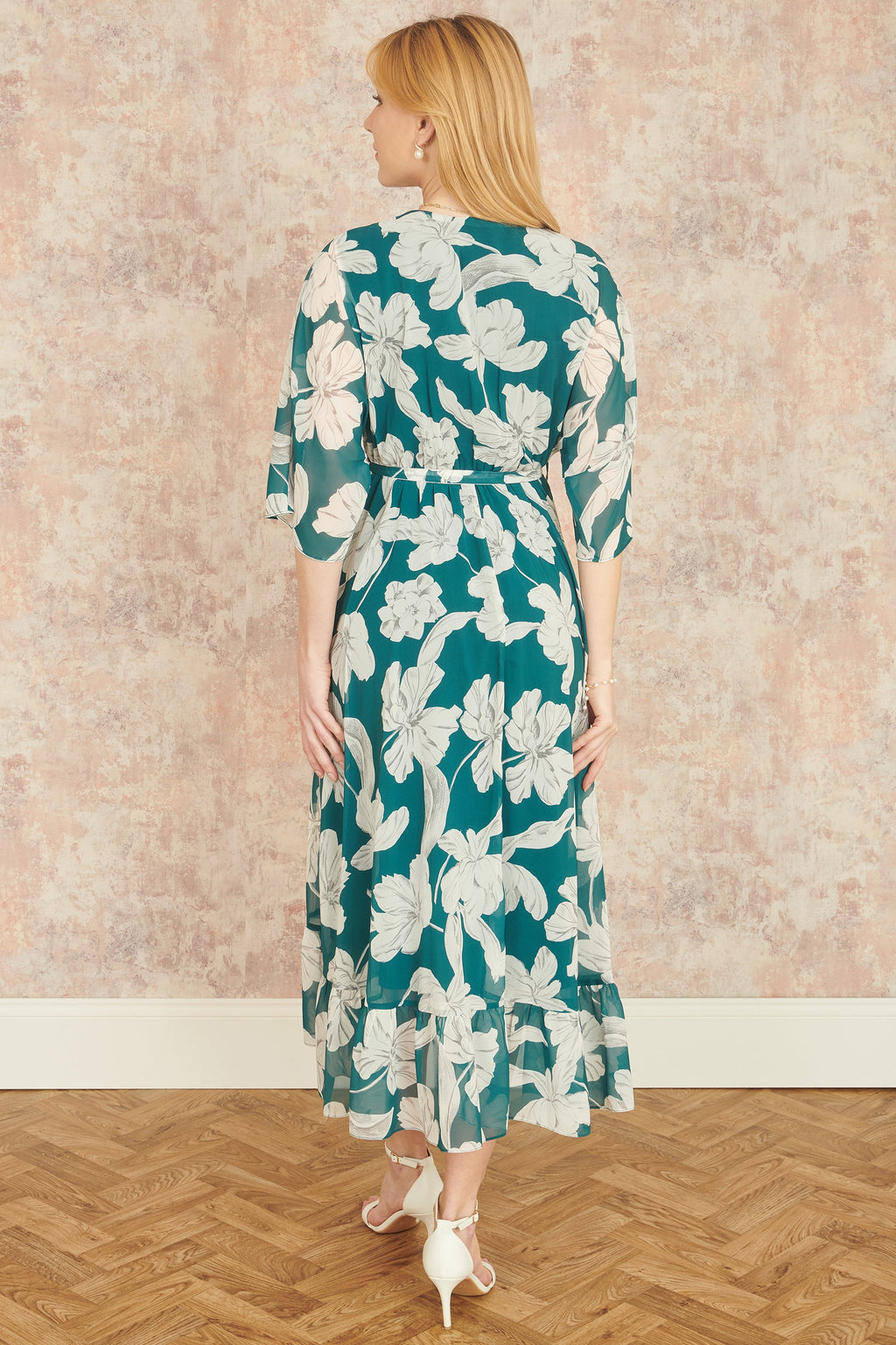 Yumi Green Kimono Sleeves Midi Dip Hem Wrap Midi Dress - QHA UK