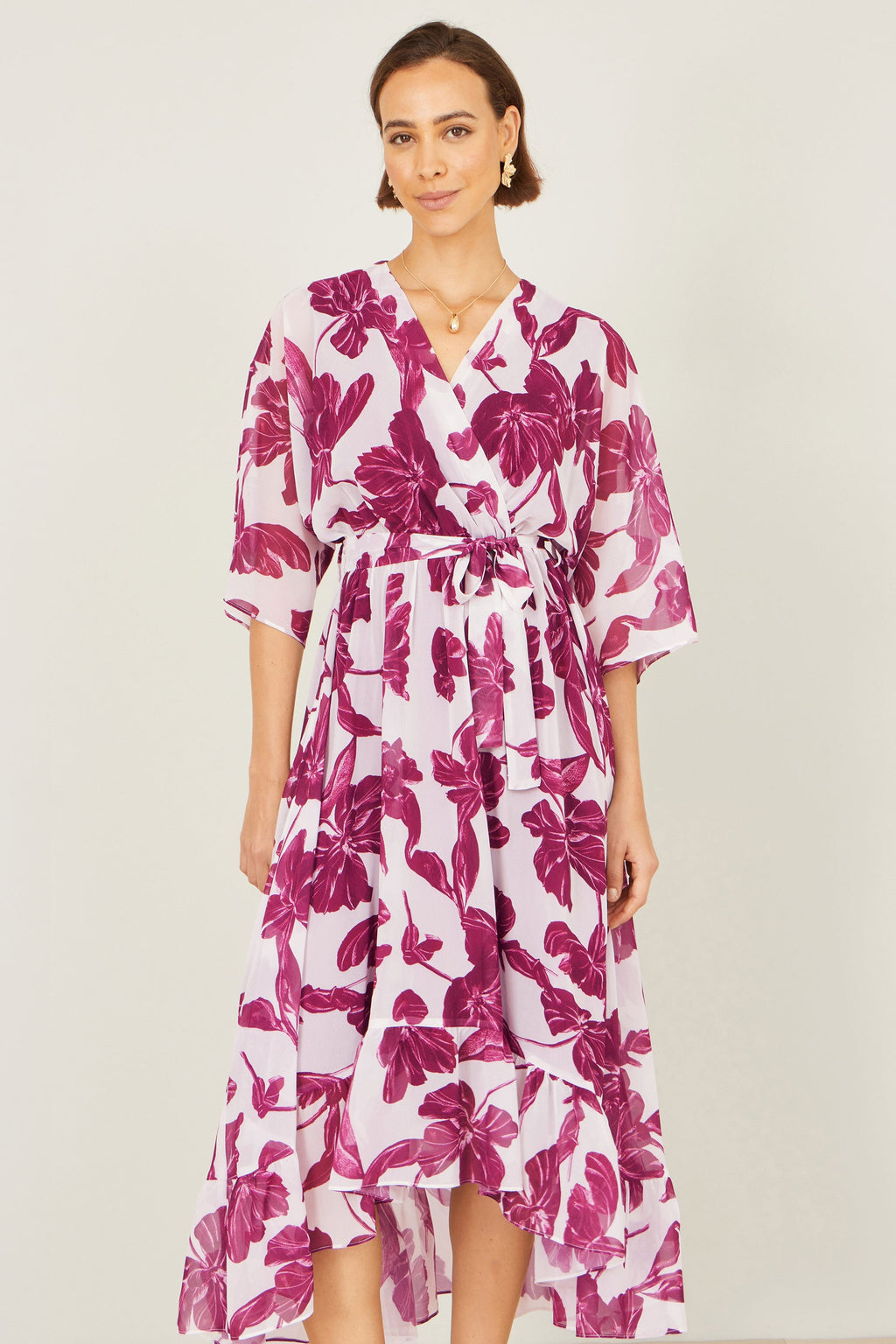 Yumi Pink Kimono Sleeves Midi Dip Hem Wrap Midi Dress - QHA UK