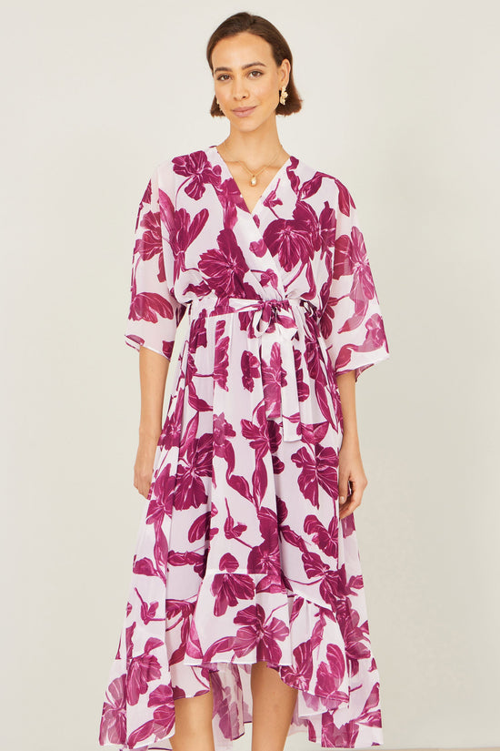 Yumi Pink Kimono Sleeves Midi Dip Hem Wrap Midi Dress - QHA UK